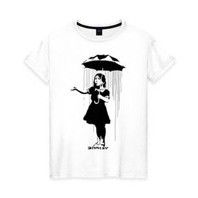 Женская футболка хлопок с принтом Girl in rain (Banksy) в Екатеринбурге, 100% хлопок | прямой крой, круглый вырез горловины, длина до линии бедер, слегка спущенное плечо | Тематика изображения на принте: бэнкси | граффити | девочка | дождь | зонт
