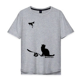 Мужская футболка хлопок Oversize с принтом Cat and supermouse (Banksy) в Екатеринбурге, 100% хлопок | свободный крой, круглый ворот, “спинка” длиннее передней части | бэнкси | граффити | киса | кот | котенок | котэ | кошка | мышка | супермышка