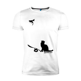 Мужская футболка премиум с принтом Cat and supermouse (Banksy) в Екатеринбурге, 92% хлопок, 8% лайкра | приталенный силуэт, круглый вырез ворота, длина до линии бедра, короткий рукав | бэнкси | граффити | киса | кот | котенок | котэ | кошка | мышка | супермышка