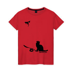 Женская футболка хлопок с принтом Cat and supermouse (Banksy) в Екатеринбурге, 100% хлопок | прямой крой, круглый вырез горловины, длина до линии бедер, слегка спущенное плечо | бэнкси | граффити | киса | кот | котенок | котэ | кошка | мышка | супермышка