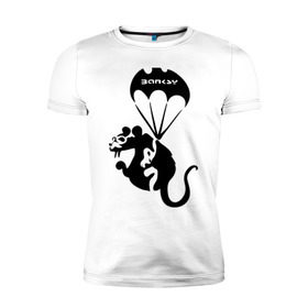 Мужская футболка премиум с принтом Rat with parachute (Banksy) в Екатеринбурге, 92% хлопок, 8% лайкра | приталенный силуэт, круглый вырез ворота, длина до линии бедра, короткий рукав | бэнкси | граффити | грызун | животные | хомяк с парашютом