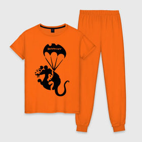 Женская пижама хлопок с принтом Rat with parachute (Banksy) в Екатеринбурге, 100% хлопок | брюки и футболка прямого кроя, без карманов, на брюках мягкая резинка на поясе и по низу штанин | бэнкси | граффити | грызун | животные | хомяк с парашютом