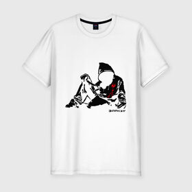 Мужская футболка премиум с принтом Раненый парень (Banksy) в Екатеринбурге, 92% хлопок, 8% лайкра | приталенный силуэт, круглый вырез ворота, длина до линии бедра, короткий рукав | Тематика изображения на принте: бэнкси | граффити | кровь | парень | рана | силуэт