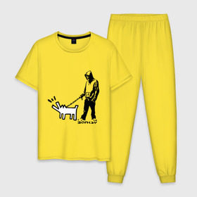 Мужская пижама хлопок с принтом Парень с собакой (Banksy) в Екатеринбурге, 100% хлопок | брюки и футболка прямого кроя, без карманов, на брюках мягкая резинка на поясе и по низу штанин
 | Тематика изображения на принте: dog | бэнкси | граффити | собака