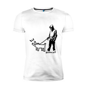 Мужская футболка премиум с принтом Парень с собакой (Banksy) в Екатеринбурге, 92% хлопок, 8% лайкра | приталенный силуэт, круглый вырез ворота, длина до линии бедра, короткий рукав | Тематика изображения на принте: dog | бэнкси | граффити | собака