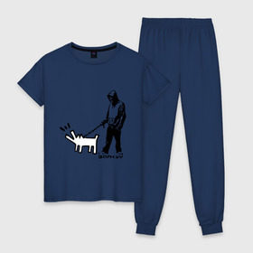 Женская пижама хлопок с принтом Парень с собакой (Banksy) в Екатеринбурге, 100% хлопок | брюки и футболка прямого кроя, без карманов, на брюках мягкая резинка на поясе и по низу штанин | Тематика изображения на принте: dog | бэнкси | граффити | собака