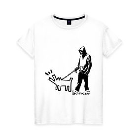 Женская футболка хлопок с принтом Парень с собакой (Banksy) в Екатеринбурге, 100% хлопок | прямой крой, круглый вырез горловины, длина до линии бедер, слегка спущенное плечо | dog | бэнкси | граффити | собака