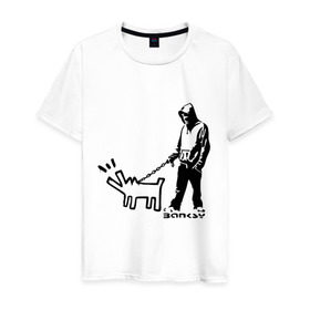 Мужская футболка хлопок с принтом Парень с собакой (Banksy) в Екатеринбурге, 100% хлопок | прямой крой, круглый вырез горловины, длина до линии бедер, слегка спущенное плечо. | Тематика изображения на принте: dog | бэнкси | граффити | собака