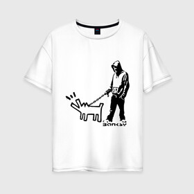 Женская футболка хлопок Oversize с принтом Парень с собакой (Banksy) в Екатеринбурге, 100% хлопок | свободный крой, круглый ворот, спущенный рукав, длина до линии бедер
 | Тематика изображения на принте: dog | бэнкси | граффити | собака
