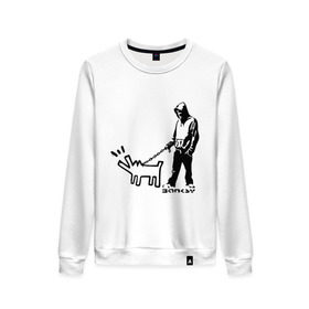 Женский свитшот хлопок с принтом Парень с собакой (Banksy) в Екатеринбурге, 100% хлопок | прямой крой, круглый вырез, на манжетах и по низу широкая трикотажная резинка  | Тематика изображения на принте: dog | бэнкси | граффити | собака