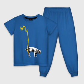 Детская пижама хлопок с принтом Peeing dog (Banksy) в Екатеринбурге, 100% хлопок |  брюки и футболка прямого кроя, без карманов, на брюках мягкая резинка на поясе и по низу штанин
 | Тематика изображения на принте: бульдог | бэнкси | граффити | собака