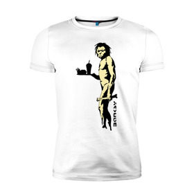 Мужская футболка премиум с принтом Древний человек Бэнкси в Екатеринбурге, 92% хлопок, 8% лайкра | приталенный силуэт, круглый вырез ворота, длина до линии бедра, короткий рукав | бэнкси | граффити | неандерталец | примат