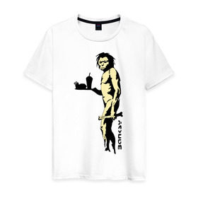 Мужская футболка хлопок с принтом Древний человек Бэнкси в Екатеринбурге, 100% хлопок | прямой крой, круглый вырез горловины, длина до линии бедер, слегка спущенное плечо. | бэнкси | граффити | неандерталец | примат