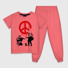 Детская пижама хлопок с принтом Peace Banksy в Екатеринбурге, 100% хлопок |  брюки и футболка прямого кроя, без карманов, на брюках мягкая резинка на поясе и по низу штанин
 | Тематика изображения на принте: бэнкси | граффити | люди | мир | оружие