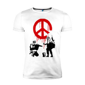Мужская футболка премиум с принтом Peace Banksy в Екатеринбурге, 92% хлопок, 8% лайкра | приталенный силуэт, круглый вырез ворота, длина до линии бедра, короткий рукав | Тематика изображения на принте: бэнкси | граффити | люди | мир | оружие