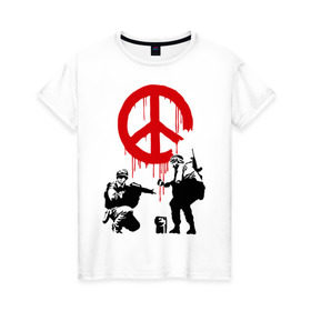 Женская футболка хлопок с принтом Peace Banksy в Екатеринбурге, 100% хлопок | прямой крой, круглый вырез горловины, длина до линии бедер, слегка спущенное плечо | бэнкси | граффити | люди | мир | оружие