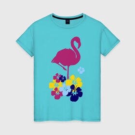 Женская футболка хлопок с принтом Фламинго в Екатеринбурге, 100% хлопок | прямой крой, круглый вырез горловины, длина до линии бедер, слегка спущенное плечо | летние | лето | птица | цветочки | цветы