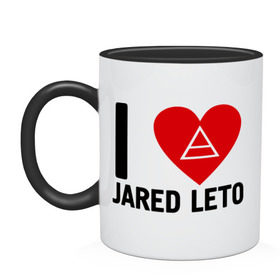 Кружка двухцветная с принтом I love Jared Leto в Екатеринбурге, керамика | объем — 330 мл, диаметр — 80 мм. Цветная ручка и кайма сверху, в некоторых цветах — вся внутренняя часть | Тематика изображения на принте: 30 seconds to mars | 30 stm | punk | rock | музыка | панк рок | я люблю джареда лето