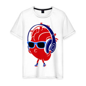 Мужская футболка хлопок с принтом Сердце в наушниках в Екатеринбурге, 100% хлопок | прямой крой, круглый вырез горловины, длина до линии бедер, слегка спущенное плечо. | в очках | музыка | плеер | слушать музыку