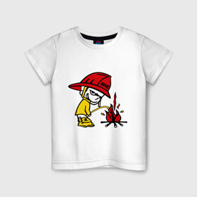Детская футболка хлопок с принтом Пожарник в Екатеринбурге, 100% хлопок | круглый вырез горловины, полуприлегающий силуэт, длина до линии бедер | Тематика изображения на принте: каска | мальчик | мчс | огонь | писает | пожар | профессии | спасение | тушить