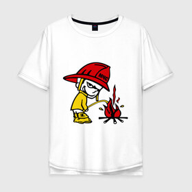 Мужская футболка хлопок Oversize с принтом Пожарник в Екатеринбурге, 100% хлопок | свободный крой, круглый ворот, “спинка” длиннее передней части | каска | мальчик | мчс | огонь | писает | пожар | профессии | спасение | тушить