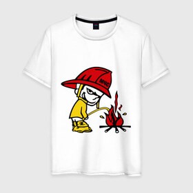 Мужская футболка хлопок с принтом Пожарник в Екатеринбурге, 100% хлопок | прямой крой, круглый вырез горловины, длина до линии бедер, слегка спущенное плечо. | Тематика изображения на принте: каска | мальчик | мчс | огонь | писает | пожар | профессии | спасение | тушить