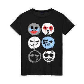 Женская футболка хлопок с принтом HU Mask в Екатеринбурге, 100% хлопок | прямой крой, круглый вырез горловины, длина до линии бедер, слегка спущенное плечо | hollywood undead | hu | hu mask one color | undead | злые маски | маски | рок реп группа hollywood undead