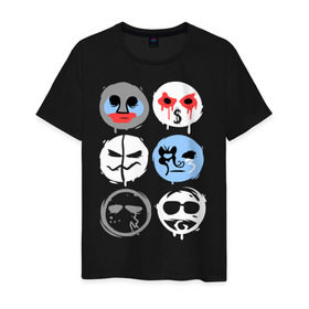 Мужская футболка хлопок с принтом HU Mask в Екатеринбурге, 100% хлопок | прямой крой, круглый вырез горловины, длина до линии бедер, слегка спущенное плечо. | Тематика изображения на принте: hollywood undead | hu | hu mask one color | undead | злые маски | маски | рок реп группа hollywood undead