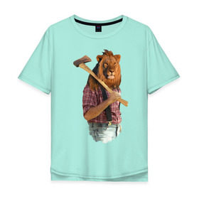 Мужская футболка хлопок Oversize с принтом Lion lumberjack в Екатеринбурге, 100% хлопок | свободный крой, круглый ворот, “спинка” длиннее передней части | голова животного | лев в рубашке | лев с телом человека | лев с топором | тело человека | человек с головой льва