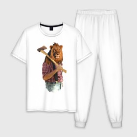Мужская пижама хлопок с принтом Lion lumberjack в Екатеринбурге, 100% хлопок | брюки и футболка прямого кроя, без карманов, на брюках мягкая резинка на поясе и по низу штанин
 | Тематика изображения на принте: голова животного | лев в рубашке | лев с телом человека | лев с топором | тело человека | человек с головой льва