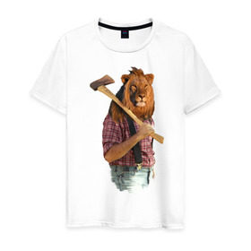 Мужская футболка хлопок с принтом Lion lumberjack в Екатеринбурге, 100% хлопок | прямой крой, круглый вырез горловины, длина до линии бедер, слегка спущенное плечо. | голова животного | лев в рубашке | лев с телом человека | лев с топором | тело человека | человек с головой льва