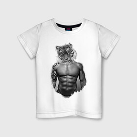 Детская футболка хлопок с принтом Tiger power в Екатеринбурге, 100% хлопок | круглый вырез горловины, полуприлегающий силуэт, длина до линии бедер | голова животного | тело человека | тигр с телом человека | человек с головой тигра