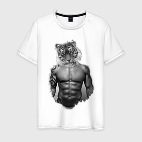 Мужская футболка хлопок с принтом Tiger power в Екатеринбурге, 100% хлопок | прямой крой, круглый вырез горловины, длина до линии бедер, слегка спущенное плечо. | голова животного | тело человека | тигр с телом человека | человек с головой тигра