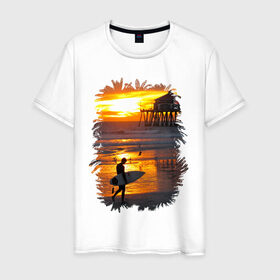 Мужская футболка хлопок с принтом Summer surfing в Екатеринбурге, 100% хлопок | прямой крой, круглый вырез горловины, длина до линии бедер, слегка спущенное плечо. | летние | лето | море | на лето | океан | пляж | серфинг