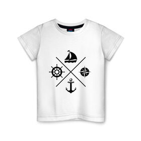 Детская футболка хлопок с принтом Sailor theme в Екатеринбурге, 100% хлопок | круглый вырез горловины, полуприлегающий силуэт, длина до линии бедер | sailor theme | азимут | компас | кораблик | корабль | лодка | путешествие | штурвал | якорь