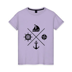 Женская футболка хлопок с принтом Sailor theme в Екатеринбурге, 100% хлопок | прямой крой, круглый вырез горловины, длина до линии бедер, слегка спущенное плечо | sailor theme | азимут | компас | кораблик | корабль | лодка | путешествие | штурвал | якорь