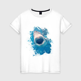 Женская футболка хлопок с принтом Акула watercolor в Екатеринбурге, 100% хлопок | прямой крой, круглый вырез горловины, длина до линии бедер, слегка спущенное плечо | 