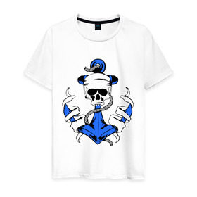 Мужская футболка хлопок с принтом Якорь с черепом в Екатеринбурге, 100% хлопок | прямой крой, круглый вырез горловины, длина до линии бедер, слегка спущенное плечо. | Тематика изображения на принте: корабль | летние | лето | море | отдых | отпуск | пиратские | пираты | пляж