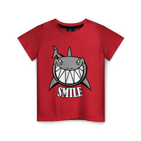 Детская футболка хлопок с принтом Акула улыбается в Екатеринбурге, 100% хлопок | круглый вырез горловины, полуприлегающий силуэт, длина до линии бедер | Тематика изображения на принте: животные | зубы | оскал | пасть | улыбка | хищник