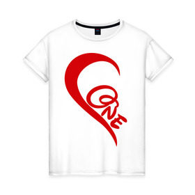 Женская футболка хлопок с принтом One love парная в Екатеринбурге, 100% хлопок | прямой крой, круглый вырез горловины, длина до линии бедер, слегка спущенное плечо | для влюбленных | для двоих | для пары | любимая | любимый | любовь | парная | половинка | сердечко | сердце