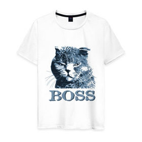 Мужская футболка хлопок с принтом BOSS в Екатеринбурге, 100% хлопок | прямой крой, круглый вырез горловины, длина до линии бедер, слегка спущенное плечо. | boss | босс | главный кот | кот boss | кот босс | котэ boss | котяра