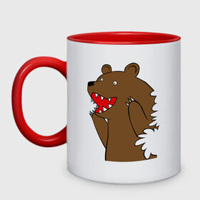 Кружка двухцветная с принтом Медведь цензурный в Екатеринбурге, керамика | объем — 330 мл, диаметр — 80 мм. Цветная ручка и кайма сверху, в некоторых цветах — вся внутренняя часть | интернет приколы | медведь | медведь в кустах | приколы