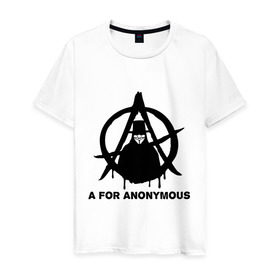 Мужская футболка хлопок с принтом A for Anonymous (А значит аноним) в Екатеринбурге, 100% хлопок | прямой крой, круглый вырез горловины, длина до линии бедер, слегка спущенное плечо. | anonymous | аноним | анонимус | вендета | вендетта | гай фокс