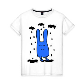 Женская футболка хлопок с принтом Грустный заяц в Екатеринбурге, 100% хлопок | прямой крой, круглый вырез горловины, длина до линии бедер, слегка спущенное плечо | грустный заяц | дождь | животные | зайчик | заяц | облака