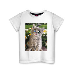Детская футболка хлопок с принтом Котеночек в ромашках в Екатеринбурге, 100% хлопок | круглый вырез горловины, полуприлегающий силуэт, длина до линии бедер | домашние животные | котенок | котик | кошки