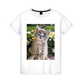 Женская футболка хлопок с принтом Котеночек в ромашках в Екатеринбурге, 100% хлопок | прямой крой, круглый вырез горловины, длина до линии бедер, слегка спущенное плечо | домашние животные | котенок | котик | кошки
