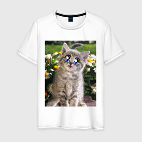 Мужская футболка хлопок с принтом Котеночек в ромашках в Екатеринбурге, 100% хлопок | прямой крой, круглый вырез горловины, длина до линии бедер, слегка спущенное плечо. | домашние животные | котенок | котик | кошки