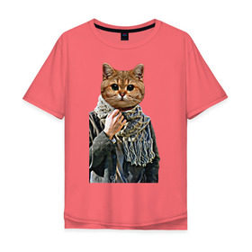 Мужская футболка хлопок Oversize с принтом Котейка в шарфе в Екатеринбурге, 100% хлопок | свободный крой, круглый ворот, “спинка” длиннее передней части | cat | животное с телом человека | животные | киса | кот | котенок | кошка | кошка в пальто | тело человека голова животного | человек с головой животного