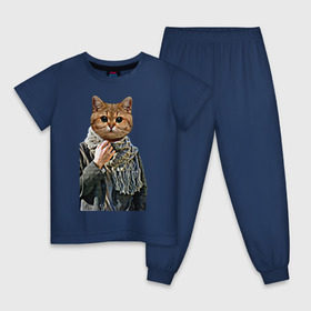 Детская пижама хлопок с принтом Котейка в шарфе в Екатеринбурге, 100% хлопок |  брюки и футболка прямого кроя, без карманов, на брюках мягкая резинка на поясе и по низу штанин
 | cat | животное с телом человека | животные | киса | кот | котенок | кошка | кошка в пальто | тело человека голова животного | человек с головой животного