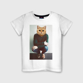 Детская футболка хлопок с принтом Котейка на кортах в Екатеринбурге, 100% хлопок | круглый вырез горловины, полуприлегающий силуэт, длина до линии бедер | cat | животное с телом человека | животные | киса | кот | котенок | кошка | тело человека голова животного | человек с головой животного